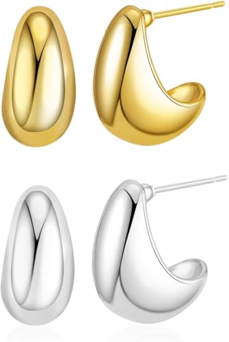 TOEECY 2 Paar Chunky 18k Dupes Ohrringe Gold für Damen Versilbert Dicke Creolen leichte Waterdrop Hollow Open Hoops Hypoallergene Vergoldete Ohrringe Modeschmuck für Frauen und Mädchen (#2) von TOEECY
