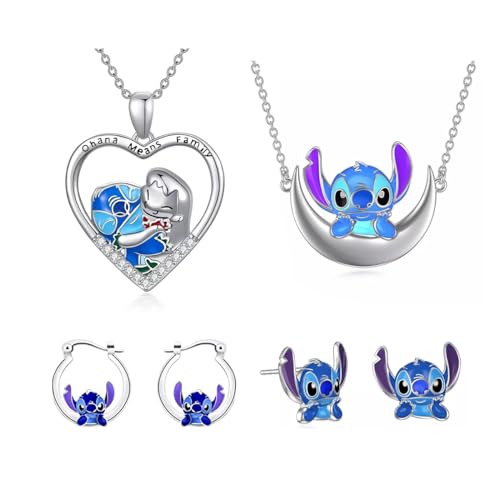 TOEECY 3PCS Schmuck Damen Cartoon Anhänger Kette Ohrringe Set Niedlich Silber Cute Earrings Halbmond Anime Halskette Schmuck für Tochter Nichte Enkelin von TOEECY