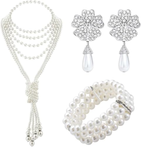 TOEECY Vintage Perlen Schmuckset Mehrlagige Quaste Halskette Armband Ohrringe Kristall Tropfen Anhänger Elegante Damen Accessoires Klassisch Zeitlos von TOEECY