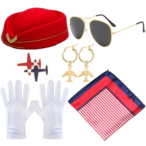 TOEECY 5stück Frauen Flugbegleiterin Kostüm Zubehör Cosplay Set für Damen Cosplay Accessoires, Handschuhe, Brille, Schal, Brosche, Baskenmütze für Erwachsene Party (24TESET696) von TOEECY