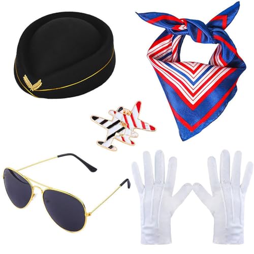 TOEECY 5stück Frauen Flugbegleiterin Kostüm Zubehör Cosplay Set für Damen Cosplay Accessoires, Handschuhe, Brille, Schal, Brosche, Baskenmütze für Erwachsene Party (PE714SET23BA) von TOEECY
