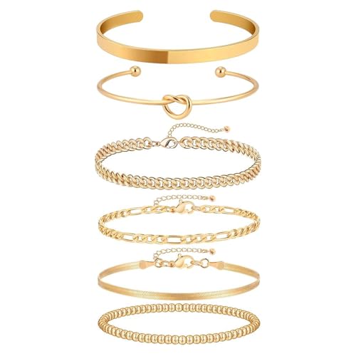 TOEECY 6 Stück Armband Damen Armband Verstellbar Stapelarmbänder Ketten Armbander Set Armband Boho Gold Kubanische Büroklammer Armbänder Modeschmuck von TOEECY