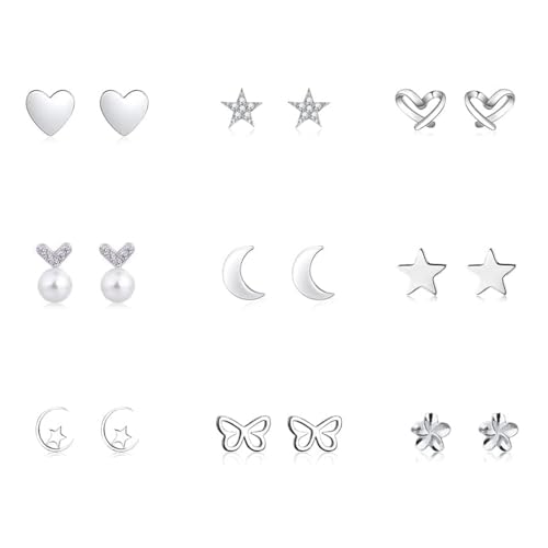 TOEECY 9 Paar Ohrstecker Set Herz Stern Mond Schmetterling Blume Ohrringe 925 Sterling Silber Kleine Stud Earrings Damen Mädchen Schmuck von TOEECY