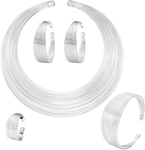 TOEECY African National Statement Schmuck Set Damen National Halskette Chunky Bib Choker Armband und Offener Ring Set National Schmuck Set (Silber) von TOEECY