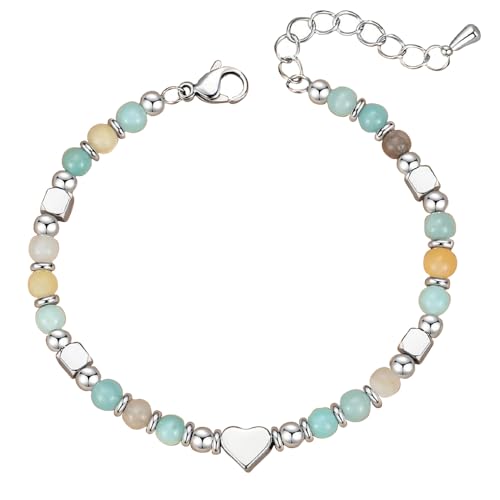 TOEECY Herzförmiges Naturstein Perlenarmband Silber Schmuck Damenarmband Handgefertigtes Edelsteinarmband Verstellbare Länge Armkette von TOEECY