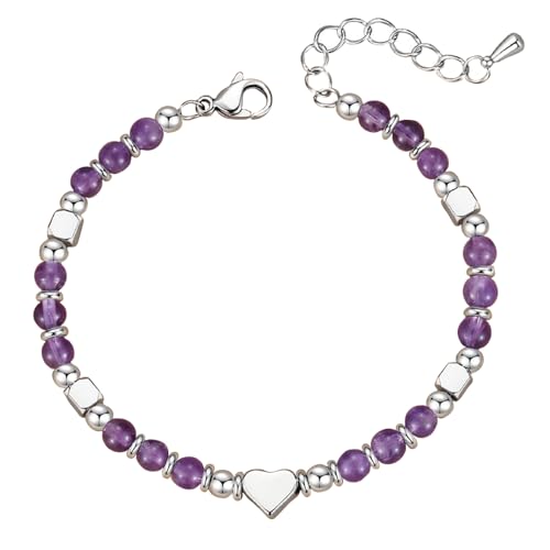 TOEECY Herzförmiges Naturstein Perlenarmband Silber Schmuck Damenarmband Handgefertigtes Edelsteinarmband Verstellbare Länge Armkette von TOEECY