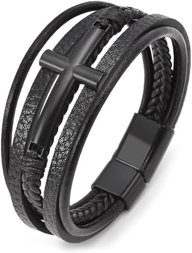 TOEECY Armband Herren Jesus Christus Kruzifix Kreuz Armband Geflochtenes mehrlagiges Lederband Armband mit Magnet Verschluss für Freund Ehemann Jahrestag für Männer(Schwarz) von TOEECY