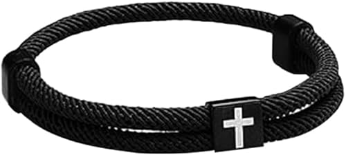 TOEECY Armband Herren Legierungs Armband Verstellbares Edelstahlarmband mit Quadratischem Graviertem Kreuz Schwarz von TOEECY