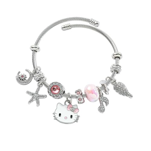 TOEECY Armband für Mädchen Hello Kitty Katzen Liebe Bettelarmband Verstellbares Charm Armbänder Cartoon Anime Freundschaft Armband Schmuck Geschenk für Damen Frauen Kinder (Rosa A) von TOEECY