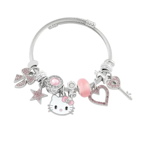 TOEECY Armband für Mädchen Hello Kitty Katzen Liebe Bettelarmband Verstellbares Charm Armbänder Cartoon Anime Freundschaft Armband Schmuck Geschenk für Damen Frauen Kinder (Rosa B) von TOEECY