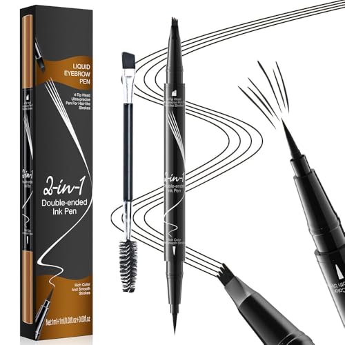 TOEECY Augenbrauenstift 2-in-1 Lüssiger Brauenstift Eyeliner Mit Doppelbürste Wasserfest Schnell Trocknend 4 Gabelspitze Microblading Für Perfekte Augenbrauen Augen Make-up(Schwarz) von TOEECY