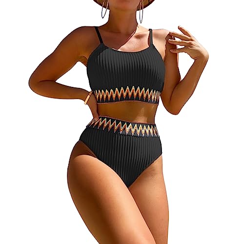 TOEECY Bikini Damen Set Zweiteilig Gerippter Bustier Highwaist Bikiniset Badebekleidung Spaghettiträger Ethnisches Muster Badeanzug Triangle Swimwear Strandmode Swimsuit von TOEECY