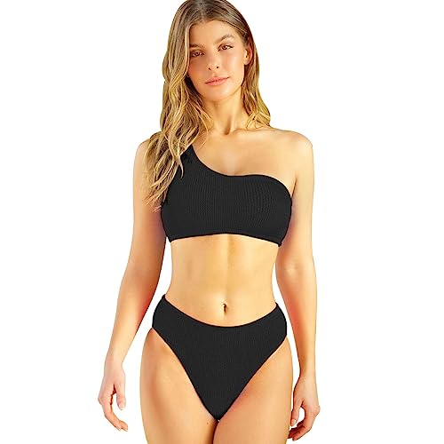 TOEECY Bikini Set Damen Eine Schulter Badeanzüge Bademode Zweiteiliger Badeanzug Push Up High Waist Sexy Schwimmanzug Swimsuit (Schwarz,L) von TOEECY