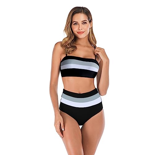 TOEECY Bikini Damen Set Bandeau Highwaist Bikiniset Zweiteilig Badebekleidung Gestreift Badeanzug Push up Swimwear Bademode Strandmode Sommer Schwimmanzug Triangle Sportlich von TOEECY