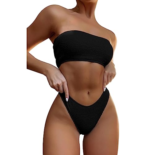 TOEECY Bikini Set Damen Trägerlos Badeanzüge Bademode Zweiteiliger Badeanzug Push Up High Waist Sexy Schwimmanzug Swimsuit (Schwarz,L) von TOEECY