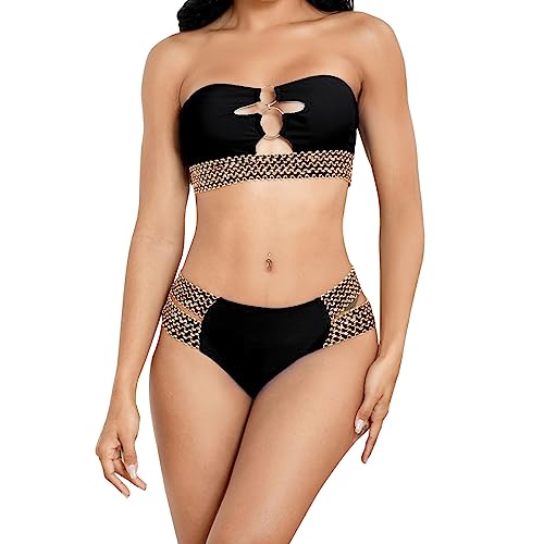 TOEECY Bikini Set Damen Trägerlos Cut Out Badeanzüge Bademode Zweiteiliger Badeanzug Push Up High Waist Sexy Schwimmanzug Swimsuit (Schwarz,M) von TOEECY