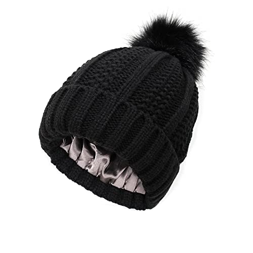 TOEECY Bommelmütze Mütze Damen Winter Warme Beanie Satin Gefüttert Weiche Strickmütze Schützen Frisur Wintermütze Mit Kunstpelz Bommel für Frauen (Schwarz) von TOEECY