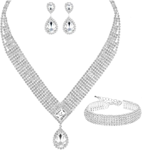 TOEECY Tropfen Zirkonia Schmuckset Hochzeit Halskette Ohrringe Armband Braut Kristall Strass Luxus Silber Elegant von TOEECY