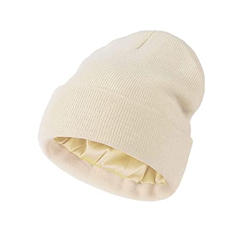 TOEECY Damen Beanie Mütze Warme Wintermütze mit Weichem Satin Gefütterte Slouchy Stretchy Strickmütze Schützen Frisur Feinstrick Mütze Winddicht Cuffed Plain Skull Hat Unisex (Beige) von TOEECY