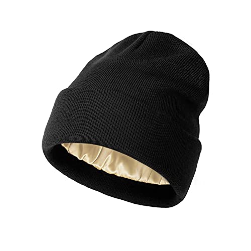 TOEECY Damen Beanie Mütze Warme Wintermütze mit Weichem Satin Gefütterte Slouchy Stretchy Strickmütze Schützen Frisur Feinstrick Mütze Winddicht Cuffed Plain Skull Hat Unisex (Schwarz) von TOEECY