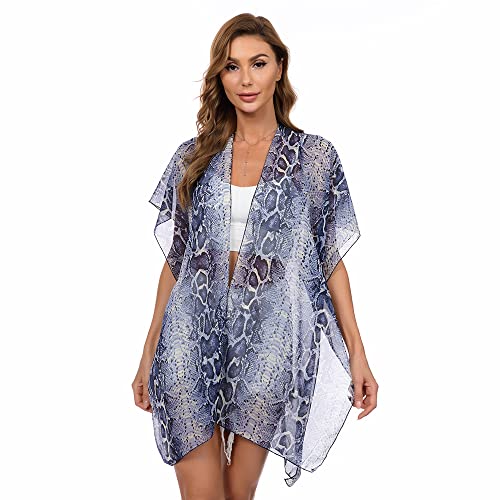 TOEECY Damen Bikini Cover up Chiffon Kimono Strandtunika Blumendruck Strandkleid Strand Cardigan Bedecken Pareo Sommer Strandponcho Boho Badeanzug Leichte Frauen Strickjacke(Blau) von TOEECY