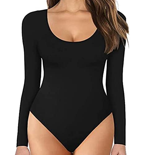 TOEECY Damen Body Langarm Rundhals Knit Stretch Bodysuit Shirts Unterziehbody Elegant Sexy Langarmbody Oberteil Bustier Schmal Bodysuits Tops Bodys (Schwarz,XXL) von TOEECY