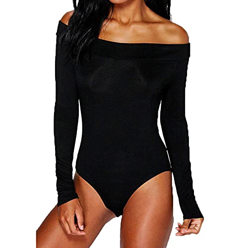 TOEECY Damen Body Langarm Schulterfrei Knit Stretch Bodysuit Shirts Unterziehbody Elegant Sexy Langarmbody Oberteil Schmal Bodysuits Tops Bodys Blusebody (Schwarz,L) von TOEECY