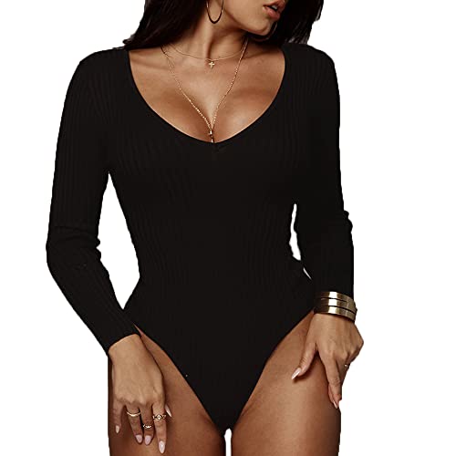 TOEECY Damen Body Langarm V Ausschnitt Ribbed Knit Stretch Bodysuit Shirts Unterziehbody Elegant Sexy Langarmbody Oberteil Schmal Bodysuits Tops Bodys Blusebody (Schwarz,L) von TOEECY