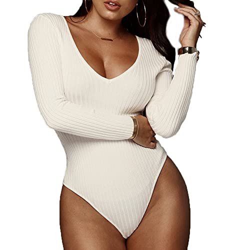 TOEECY Damen Body Langarm V Ausschnitt Ribbed Knit Stretch Bodysuit Shirts Unterziehbody Elegant Sexy Langarmbody Oberteil Schmal Bodysuits Tops Bodys Blusebody (Weiß,M) von TOEECY