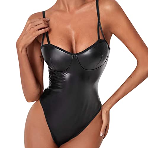 TOEECY Damen Body Sexy Lackleder Bodysuit Elegant Spaghetti Träger Top Schmal Rückenfrei Leder Body Outfit Schwarz Thong Einteilige Unterwäsche Bodysuit Frauen Dessous Clubwear (L) von TOEECY