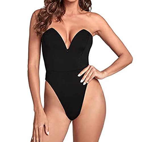 TOEECY Damen Body Sexy Trägerloser Röhrenoberteil Bodysuit Top Sexy V-Ausschnitt Jumpsuit Elegant Ärmelloser Wrap Schmal Bodies Frauen Schwarz Einteilige High Cut Thong Unterwäsche Clubwear (M) von TOEECY