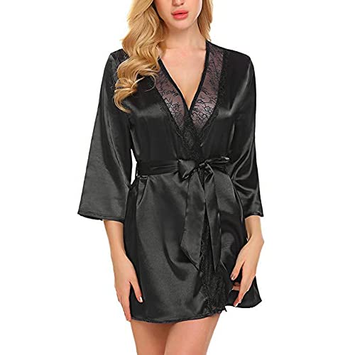 TOEECY Damen Morgenmantel Bademantel Satin Sexy Kimono Kurz Robe V-Ausschnitt Nachtwäsche Leicht Blumenspitze Nachthemd mit String Satin Gürtel für Braut Brautjungfer (Schwarz,L) von TOEECY