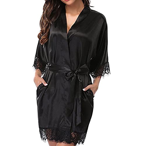 TOEECY Damen Morgenmantel Bademantel Satin Sexy Kimono Kurz Robe V-Ausschnitt Nachtwäsche mit Gürtel Leicht Blumenspitze Nachthemd für Braut Brautjungfer (L) von TOEECY