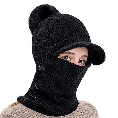 TOEECY Damen Mütze Winter Strickmütze&Halswärmer-Sets Warme Schal Mütze Set Strickschal Winddichte Cap mit Kunstpelz Bommel Mütze & Schal Set mit Fleecefutter Verstellbare Mützen mit Visier (Schwarz) von TOEECY