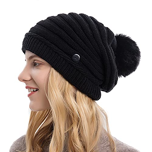 TOEECY Damen Mütze Winter Warme Beanie Mütze Slouchy Bommelmütze Weiche Strickmütze mit Kunstpelz Bommel kältebeständig Wintermütze mit Knopf zum Aufhängen von Masken (Schwarz) von TOEECY