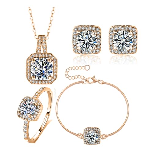 TOEECY Damen Schmuck Set Cubic Zirkonia Anhänger Halskette Armband Ohrringe und Ring Set Hochzeit Schmuck Sets Brautschmuck Hochzeitsschmuck Prom Party (Gold) von TOEECY