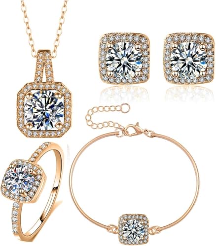 TOEECY Quadratischer Zirkonia Schmuckset Halskette Ohrringe Armband Ring Kristall Brautschmuck Silber Glänzend Damengeschmeide Hochwertig Elegant von TOEECY