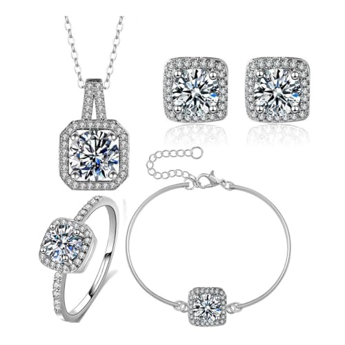 TOEECY Damen Schmuck Set Cubic Zirkonia Anhänger Halskette Armband Ohrringe und Ring Set Hochzeit Schmuck Sets Brautschmuck Hochzeitsschmuck Prom Party (Silber) von TOEECY