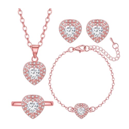 TOEECY Damen Schmuck Set Zirkonia Herz Anhänger Halskette Armband Ohrringe und Ring Set Hochzeit Schmuck Sets Mädchen Vintage Modeschmuck Prom Kostüm (Roségold) von TOEECY