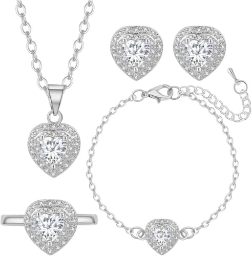 TOEECY Herz Schmuckset Zirkonia Halskette Armband Ohrringe Ring Damen Silber Kristall Schmuck Herzform Juwelenkollektion von TOEECY