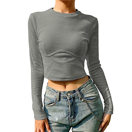 TOEECY Damen Strick Langarm Crop T-Shirt Baumwolle Rundhalsausschnitt Top Casual Sexy Tops Langarmshirts Langarmtops Pullover Lässig T-Shirts Basic Slim Oberteil (Grau) von TOEECY