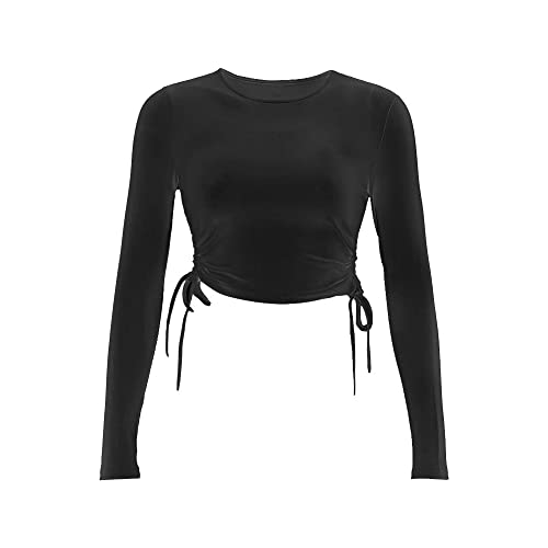 TOEECY Damen Strick Langarm Crop T-Shirt Baumwolle Rundhalsausschnitt Top mit Tunnelzug Casual Sexy Tops Langarmshirts Langarmtops Pullover Lässig T-Shirts Basic Slim Oberteil (Schwarz,S) von TOEECY