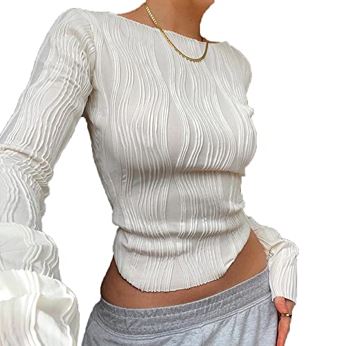 TOEECY Damen Strick Langarm Crop T-Shirt Rundhalsausschnitt Top Bauchfrei Oberteile Casual Sexy Textur Tops Slim Langarmshirts Langarmtops Pullover Lässig T-Shirts (Weiß,L) von TOEECY