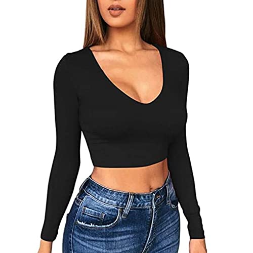 TOEECY Damen Strick Langarm Crop T-Shirt V-Ausschnitt Top Bauchfrei Oberteile Casual Sexy Tops Langarmshirts Langarmtops Pullover Lässig T-Shirts Basic Slim Oberteil (Schwarz,S) von TOEECY