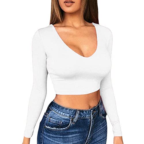 TOEECY Damen Strick Langarm Crop T-Shirt V-Ausschnitt Top Bauchfrei Oberteile Casual Sexy Tops Langarmshirts Langarmtops Pullover Lässig T-Shirts Basic Slim Oberteil (Weiß,M) von TOEECY