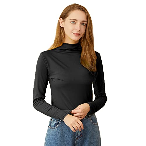 TOEECY Damen Strick Langarm T-Shirt Rollkragen Gewinde Casual Tops Langarmshirts Langarmtops Pullover Lässig T-Shirts Basic Slim Oberteil Herbst Winter (Schwarz) von TOEECY