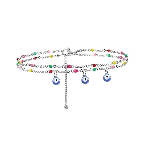 TOEECY Fußkettchen Für Damen Silber Evil Eye Buntes Perlen Verstellbar Längen Vergoldetes Fußkettchen Boho Armband Strand Fuß Schmuck für Frauen und Mädchen B Silber von TOEECY