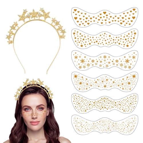 TOEECY 7teiliges Stern Haarreif Set mit Sommersprossen Aufkleber Glänzender Sternenkrone Haarband Kopfschmuck Haaraccessoires von TOEECY