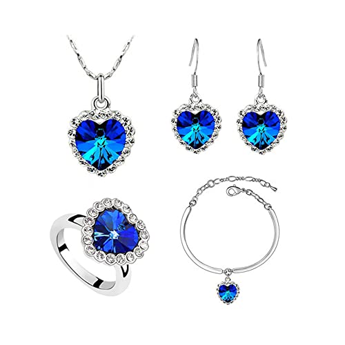 TOEECY Herz Schmuckset für Damen und Mädchen Kristalle Versilbert Anhänger Halskette Ohrringe Armband und Einstellbar Ringe Set Zirkonia Geschenk für Hochzeitstag (Königsblau) von TOEECY