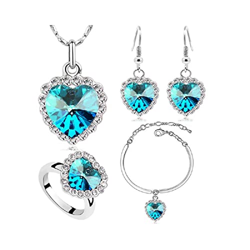 TOEECY Herz Schmuckset für Damen und Mädchen Kristalle Versilbert Anhänger Halskette Ohrringe Armband und Einstellbar Ringe Set Zirkonia Geschenk für Hochzeitstag (Ozeanblau) von TOEECY